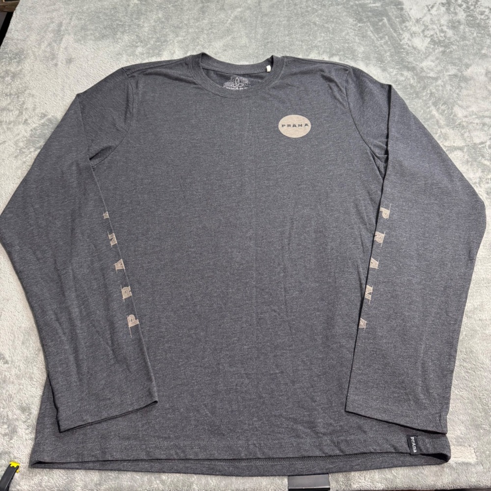 Prana Mens Long Sleeve Graphic Tee Charcoal Grey Progress Not Perfection Medium
